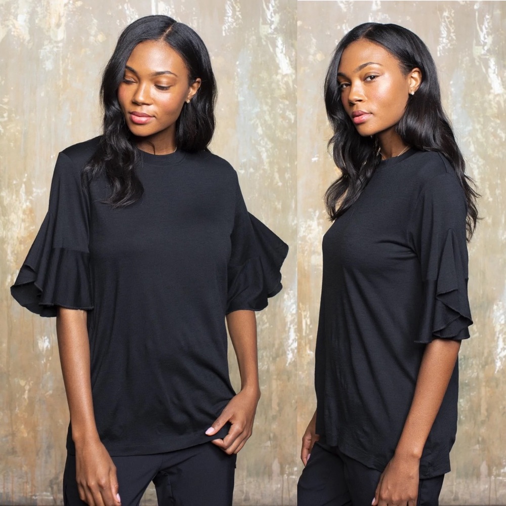 Paskho Merino Wool Luminous Ruffle Sleeve Tunic Blouse Shirt